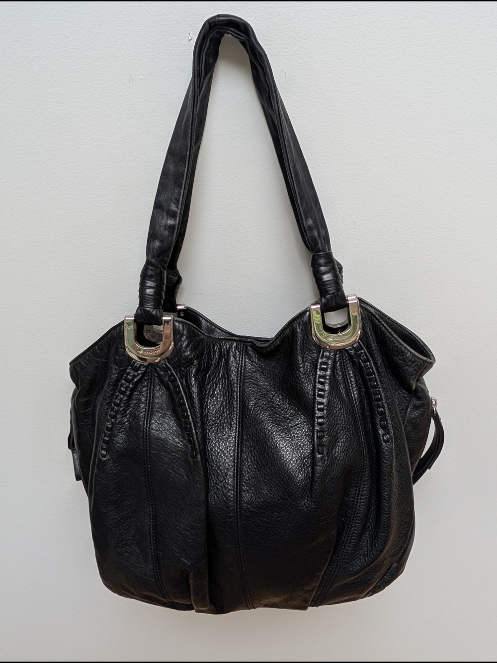 B. Makowsky Black Pebbled Leather Shoulder Bag Large Slouch Hobo Silver Hardware